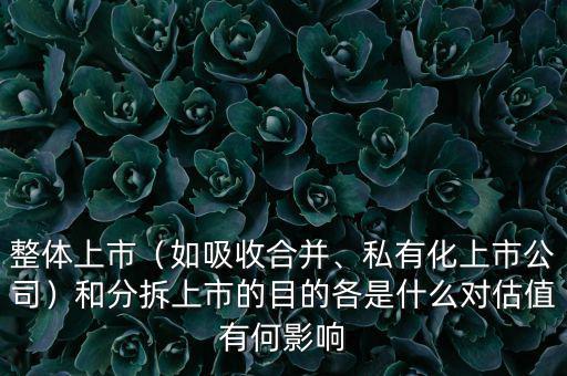 整體上市（如吸收合并、私有化上市公司）和分拆上市的目的各是什么對估值有何影響